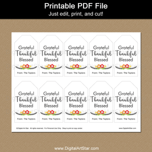 Black White Gift Tags Download Grateful Thankful Blessed Autumn Floral