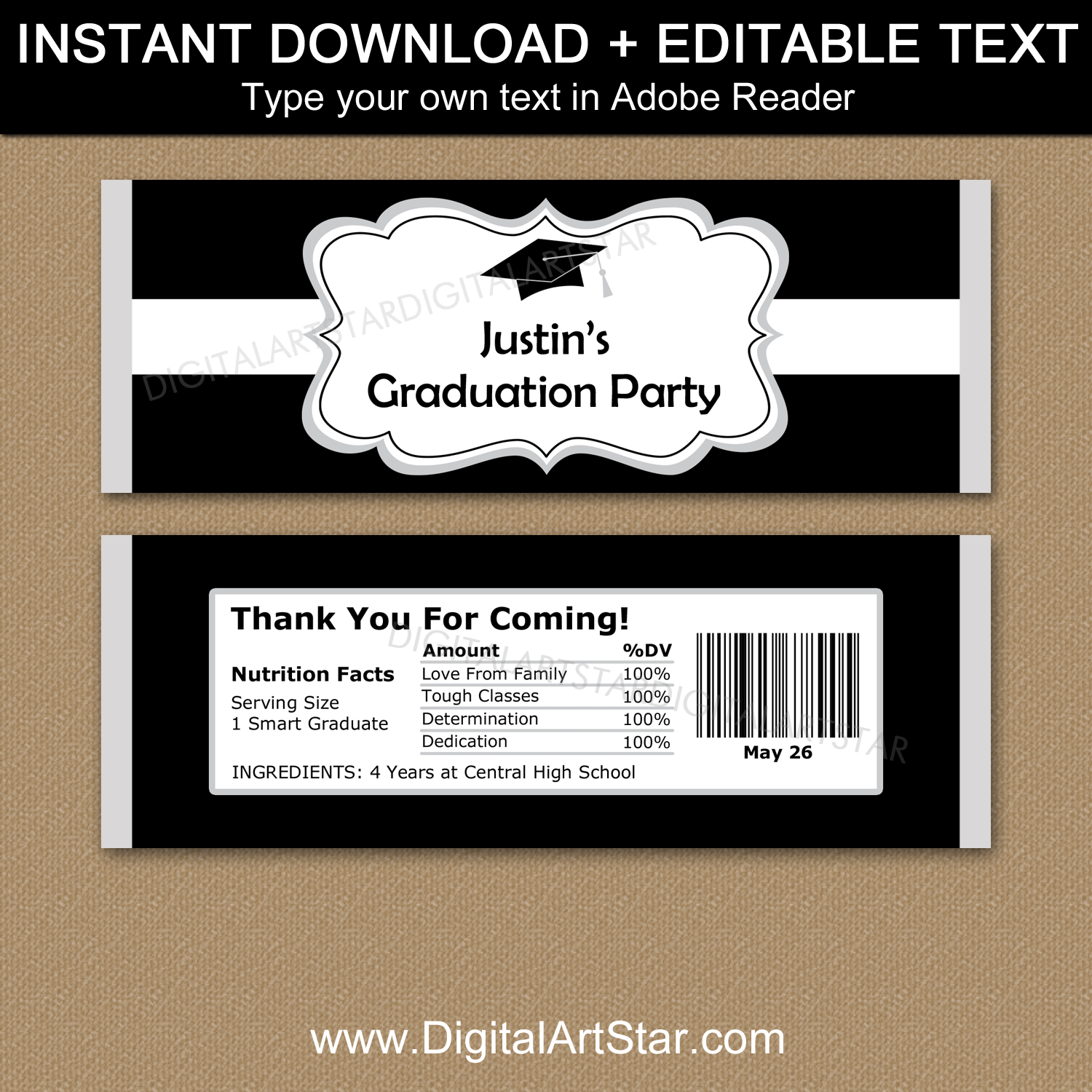 Black and White Graduation Candy Bar Wrappers Template