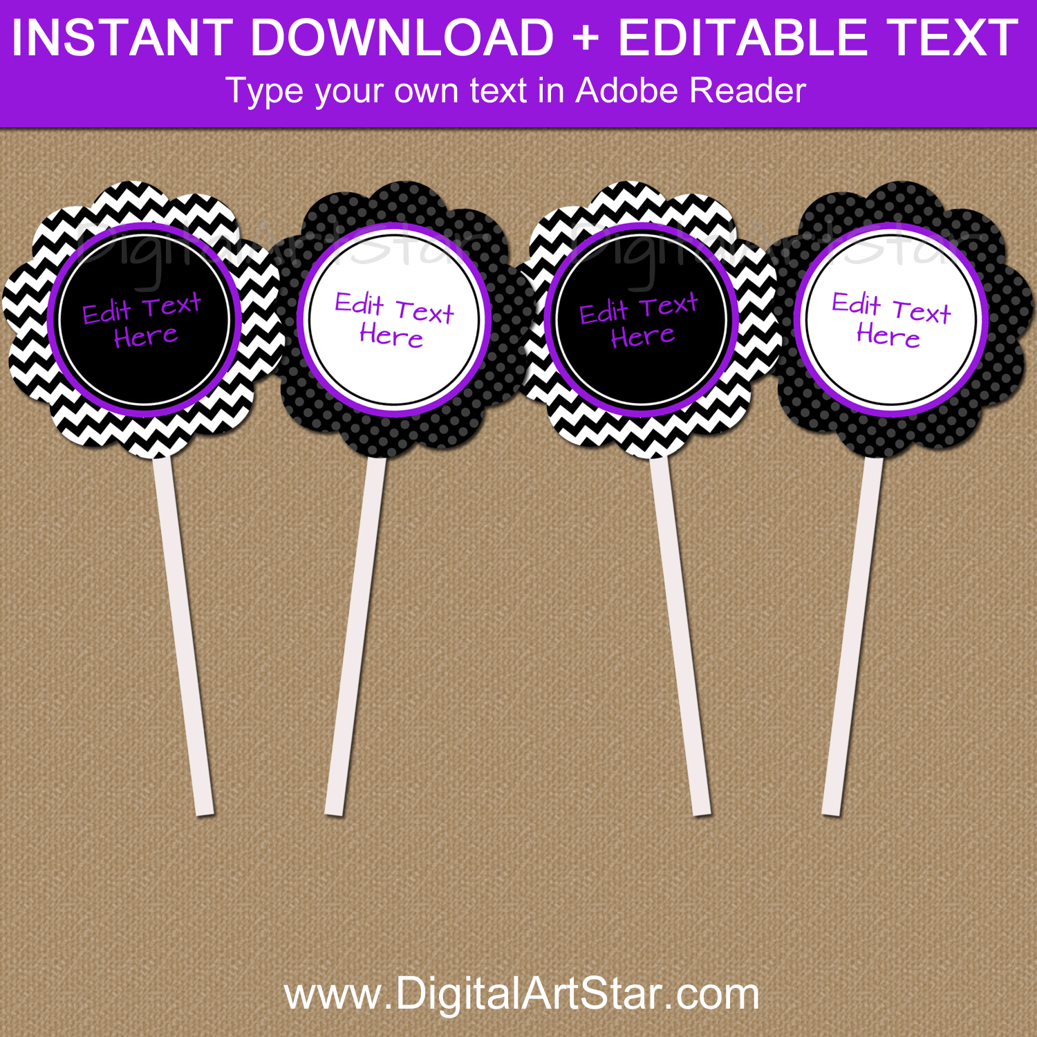 Editable Black White Purple Cupcake Picks Printable