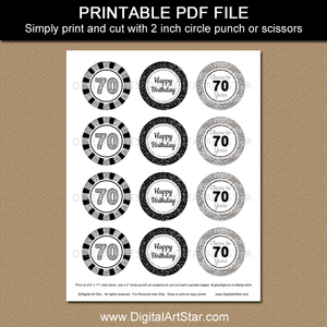black white silver 70th birthday cupcake toppers printable pdf file