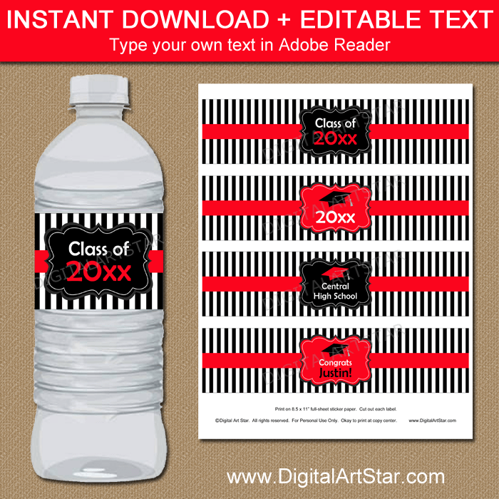 Black and White Striped Graduation Water Bottle Labels with Red Accents