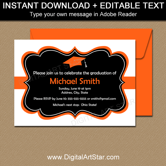 Black and White Graduation Party Invitations with Orange Accents