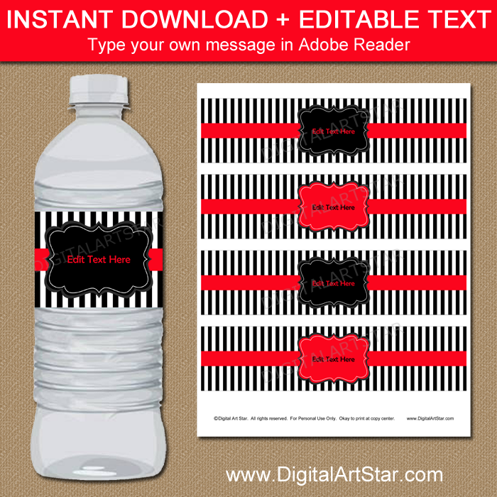 Black and White Water Bottle Labels with Red Accents