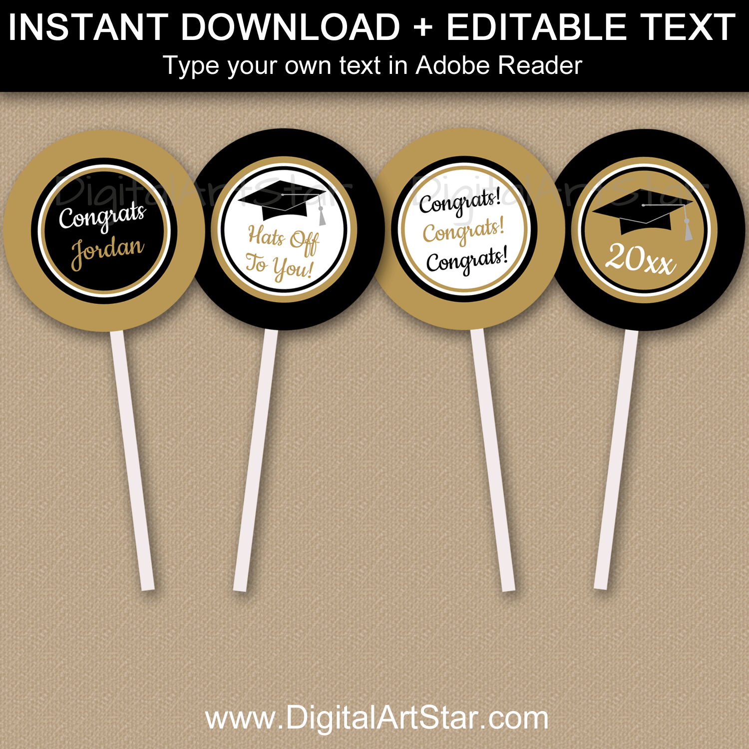 Formal Graduation Cupcake Toppers Printable in Black and Gold