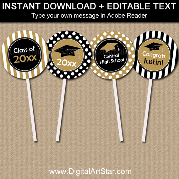 Black and Gold Graduation Cupcake Toppers Editable Template