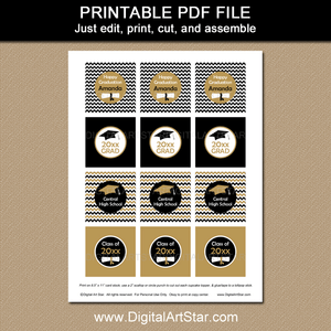 Printable Black and Gold Graduation Cupcake Toppers Editable Template