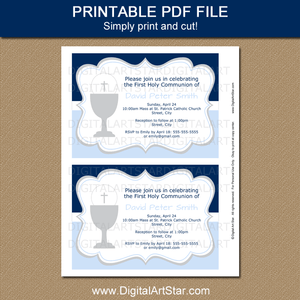 Blue and White First Communion Invitations Tempalte Printable PDF