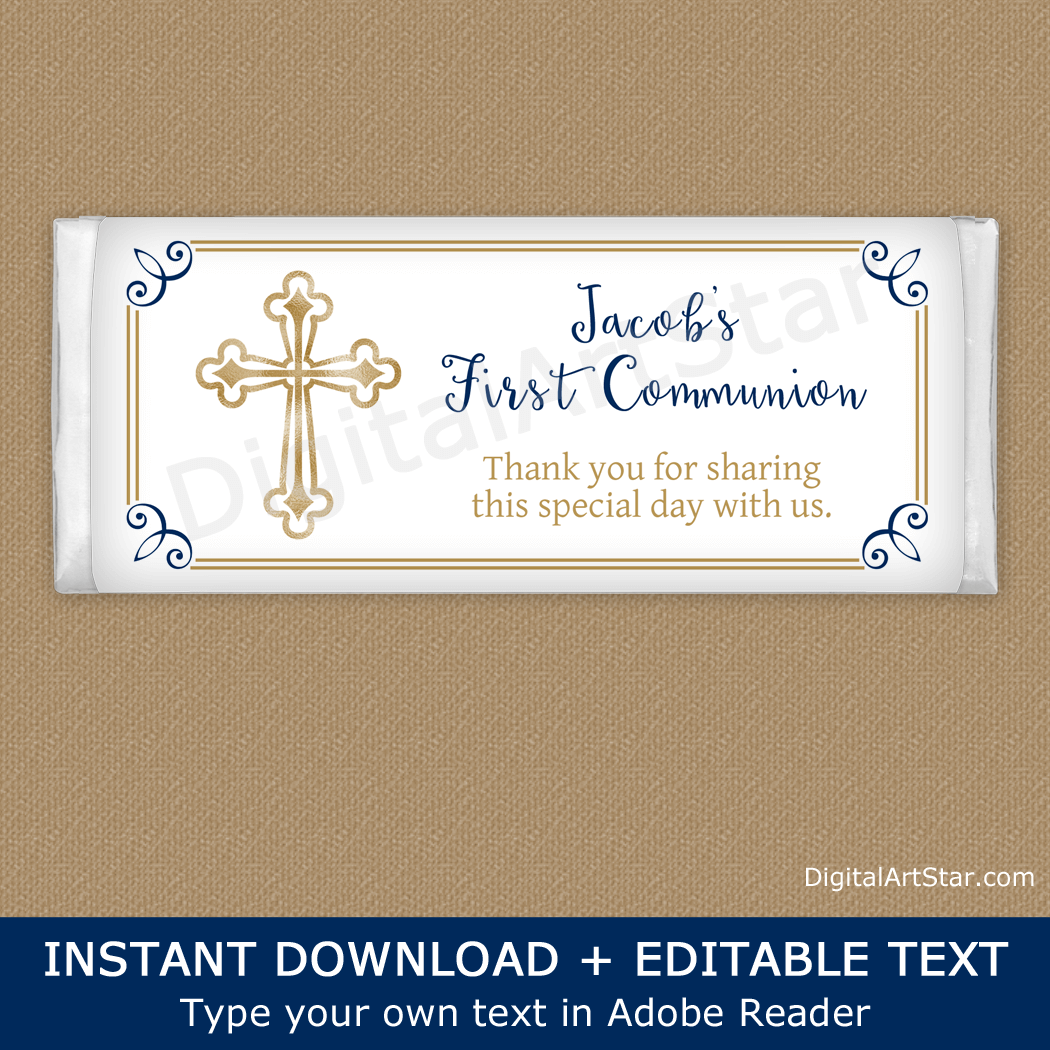 Boy First Communion Candy Wrapper Template White, Navy Blue, Gold