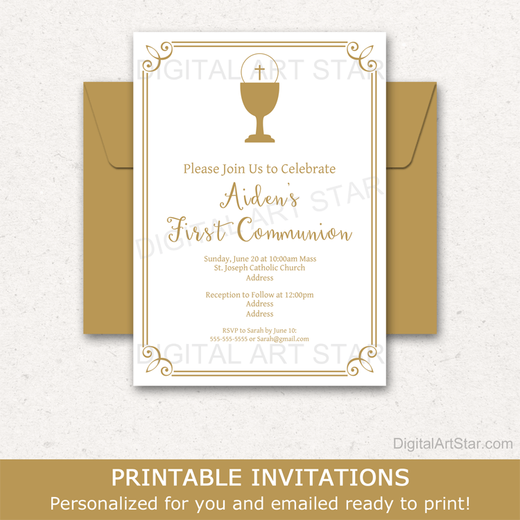 Boy First Communion Invitation Digital Printable with Chalice in White and Gold