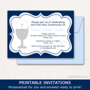 Boy First Communion Invitation Printable Template Navy Blue and White