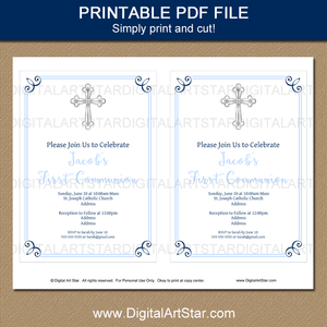 Boy First Communion Invitation Template Printable PDF in White Navy Blue and Light Blue with Silver Cross