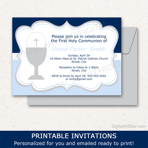 Boy First Holy Communion Invitation Downloadable in Navy Blue Light Blue and White