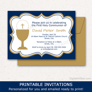 Boy First Holy Communion Invitations Printable Navy Blue White Gold
