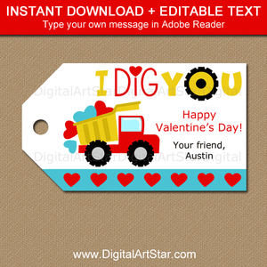 Boy Valentine Dump Truck Tags Instant Download