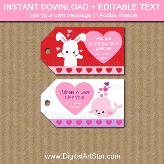 Bunny Valentine Hang Tags and Whale Valentine Gift Tags