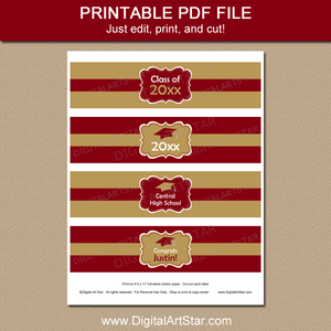 Burgundy and Gold Graduation Water Bottle Labels Printable