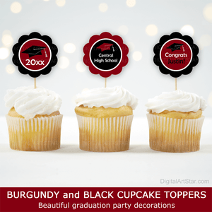 Burgundy Black Graduation Decorations Cupcake Picks