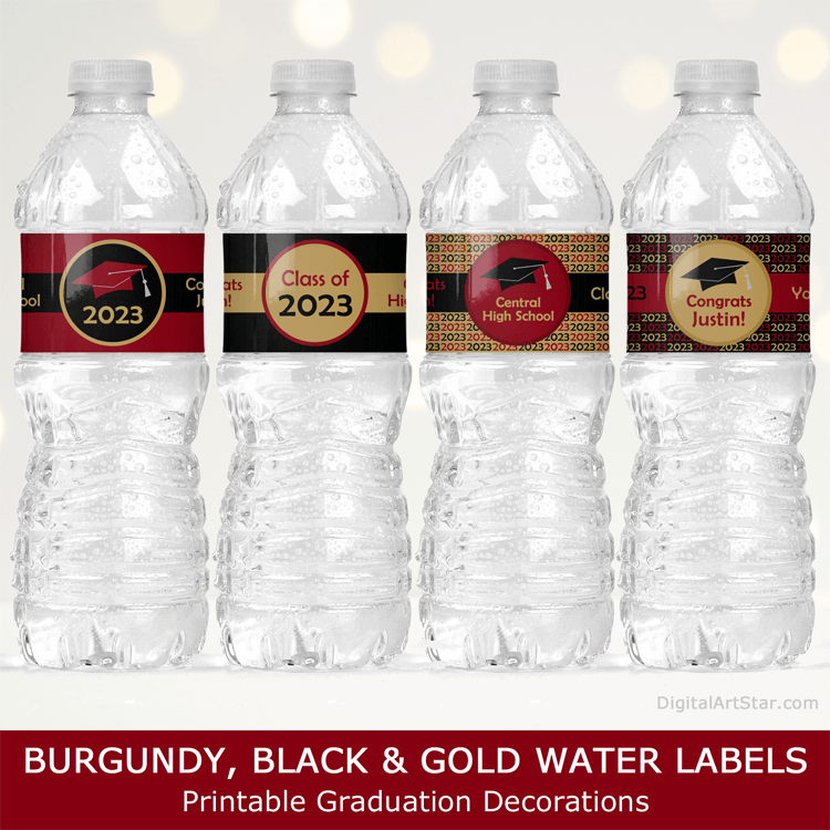 Burgundy Gold Black Graduation Water Bottle Labels 2023