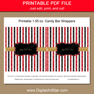 Birthday Candy Bar Wrapper Printable Red Black Gold Glitter