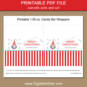 Candy Cane Gnome Christmas Chocolate Bar Labels Printable