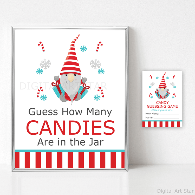 Candy Cane Themed Christmas Gnome Candy Guessing Game and Sign