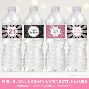Cheers to 21 Years Happy Birthday Water Bottle Labels for Her in Pink Black and Silver