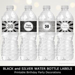 Cheers to 30 Years Happy 30th Birthday Water Bottle Labels Decorations Black Silver White