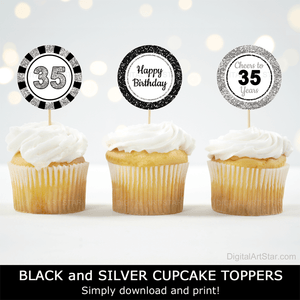 cheers to 35 years 35th birthday cupcake toppers printable black silver white
