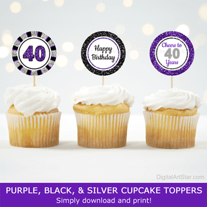 Cheers to 40 Years Birthday Cupcake Toppers Purple Black and Silver