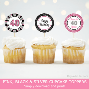 Cheers to 40 Years Happy Birthday Cupcake Toppers Pink Black Silver
