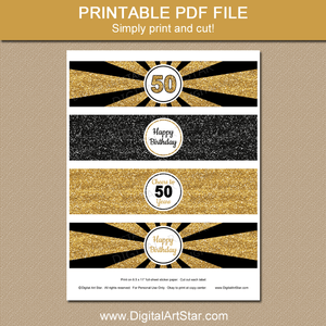 Cheers to 50 Years Birthday Water Bottle Labels Printable PDF Black and Gold