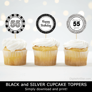 cheers to 55 years birthday cupcake toppers for him for her black silver