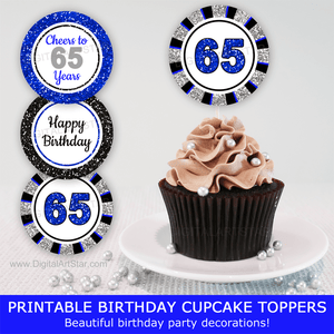 Cheers to 65 Years Birthday Cupcake Toppers Decorations for Men Royal Blue Black and Silver Glitter