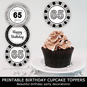 Cheers to 65 Years Black and Silver Birthday Cupcake Toppers
