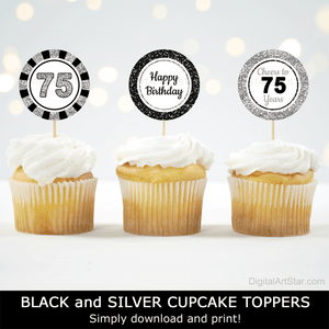 cheers to 75 years cupcake toppers for men black silver glitter, simply download and print your cupcake toppers