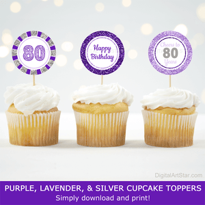 Cheers to 80 Years Birthday Cupcake Toppers Decorations Purple Silver Lavender