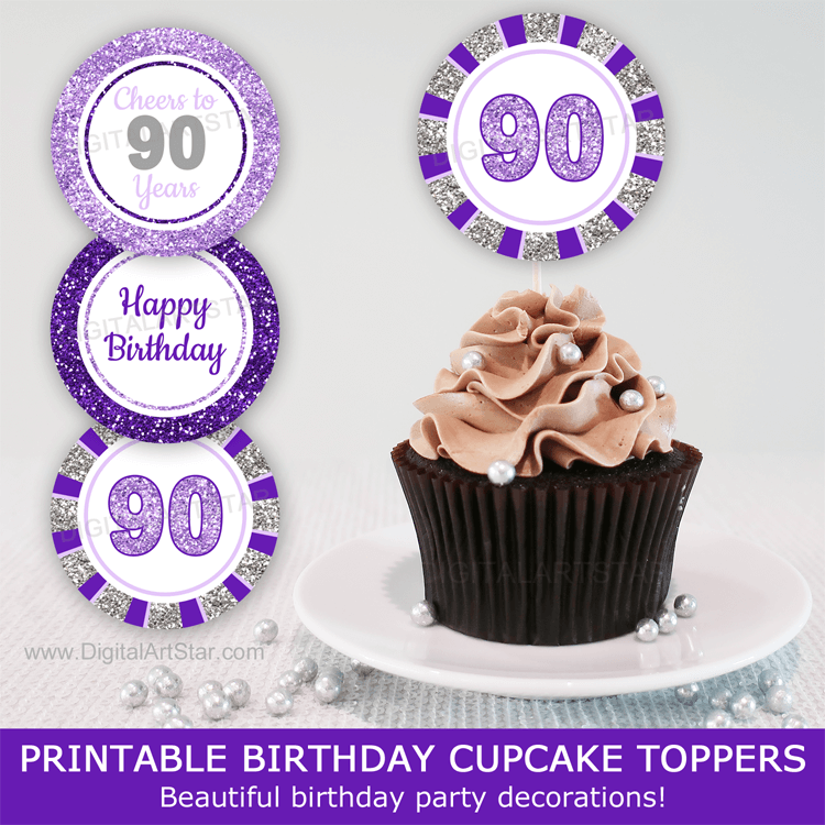 Cheers to 90 Years Birthday Cupcake Toppers for Her Purple Silver Lavender Glitter