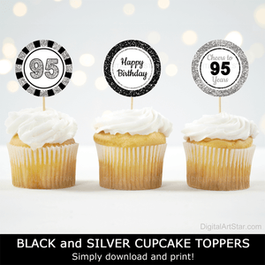 Cheers to 95 Years birthday cupcake toppers black silver white