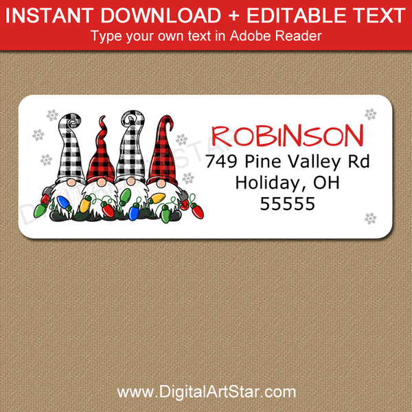 Christmas Gnome Address Labels - Buffalo Plaid - Digital Art Star