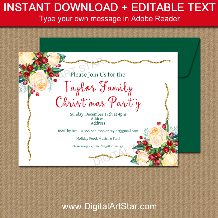 Floral Christmas Invitation Printable for Family Christmas Party