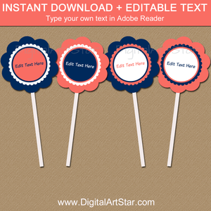 Coral and Navy Blue Cupcake Toppers Template