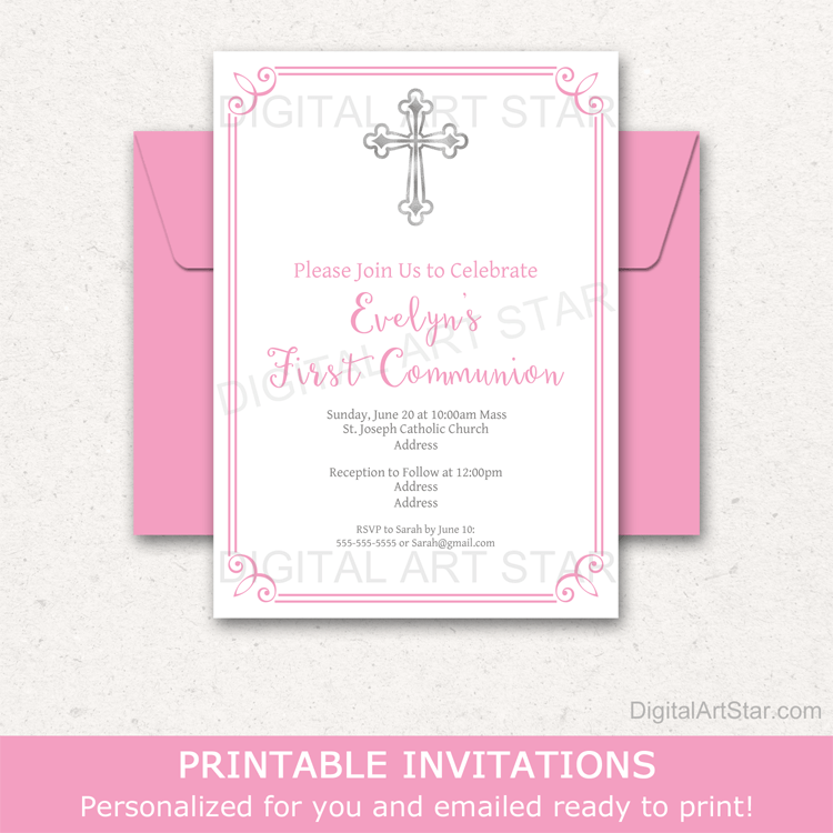 Cross First Holy Communion Invitation Template Girl White Pink Silver