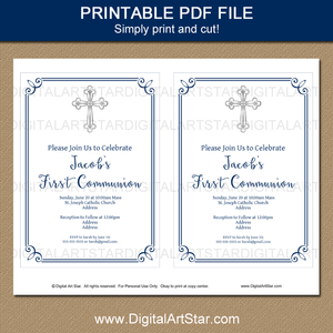 Cross Invitaiton Printable Boy First Holy Communion White Navy Blue Silver