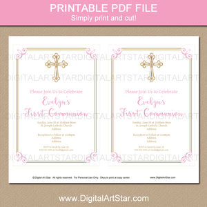 Cross Invitation Printable Template for Girl First Communion in Pink Gold and White