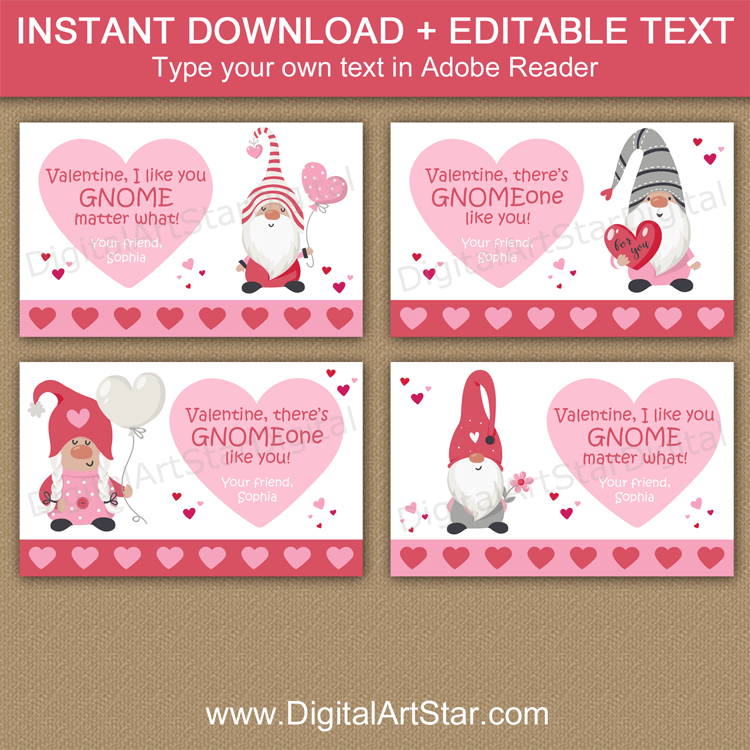 Cute Gnome Valentine Cards for Classmates at Valentine School Party