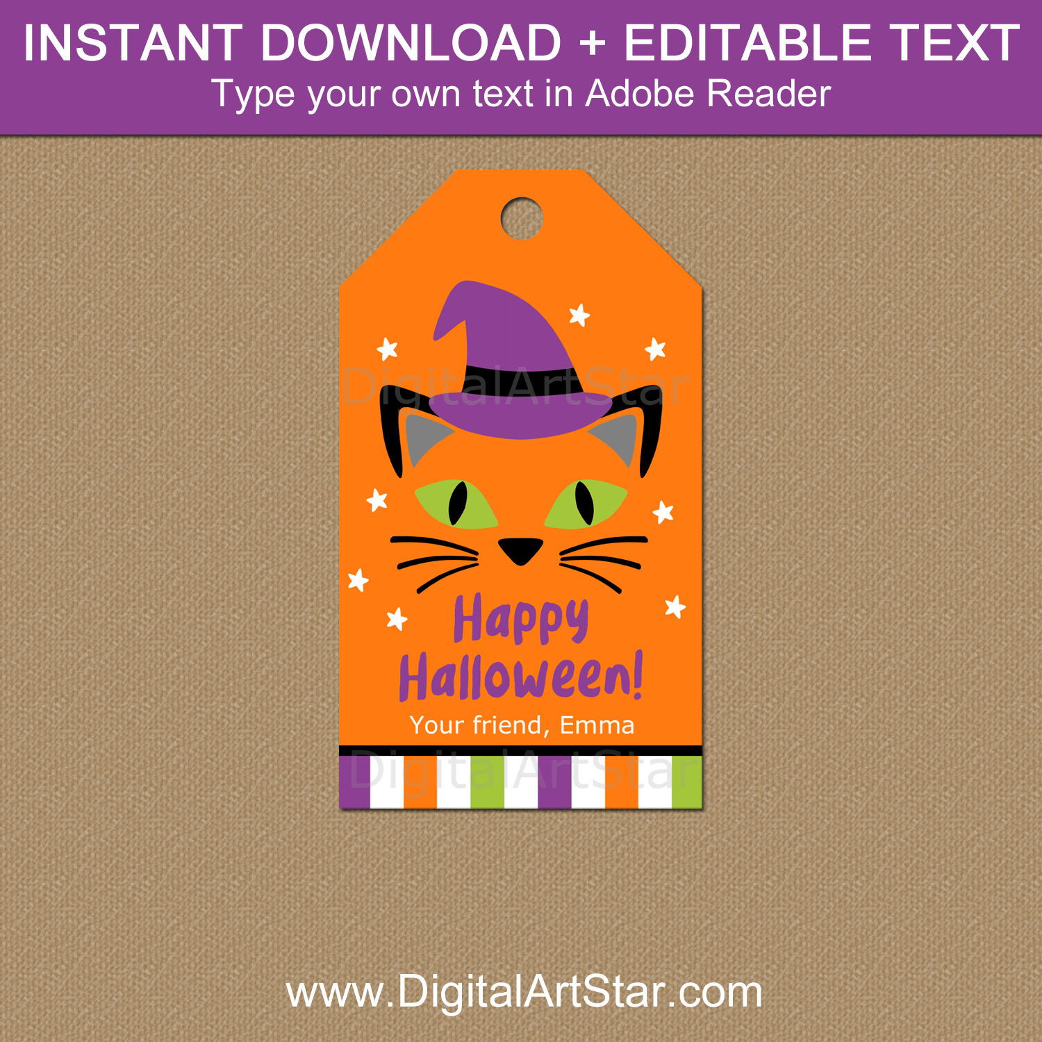 Cute Halloween Gift Tags Template - Cat Witch Face