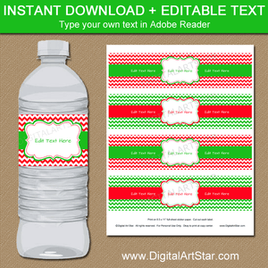 Digital Download Red White Green Christmas Party Water Bottle Labels