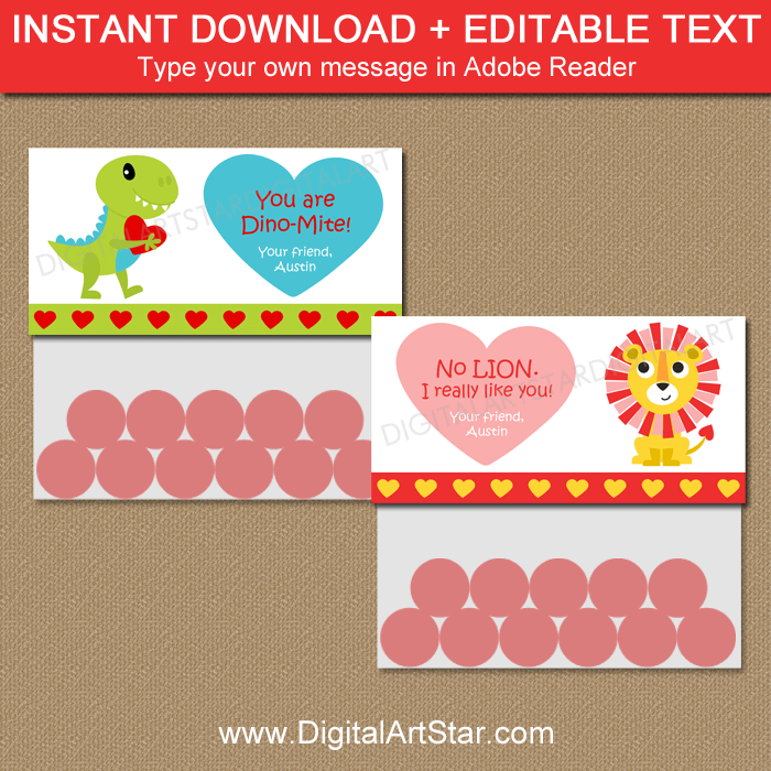 Boy Valentine Bag Toppers Printable with Dino and Lion