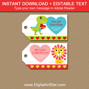 Dinosaur and Lion Valentine Tags for Classmates