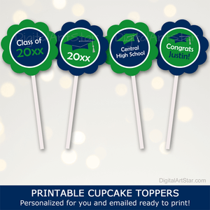 Downloadable Graduation Cupcake Toppers Navy Blue and Green
